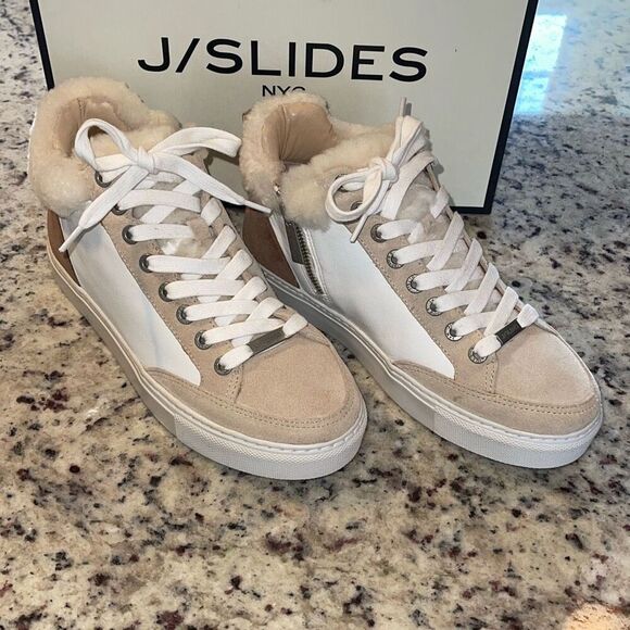 J/Slides Leslie Sheep‎ Hair Trimmed Leather Sneaker Shoes Size 6 Tan White - Picture 7 of 11